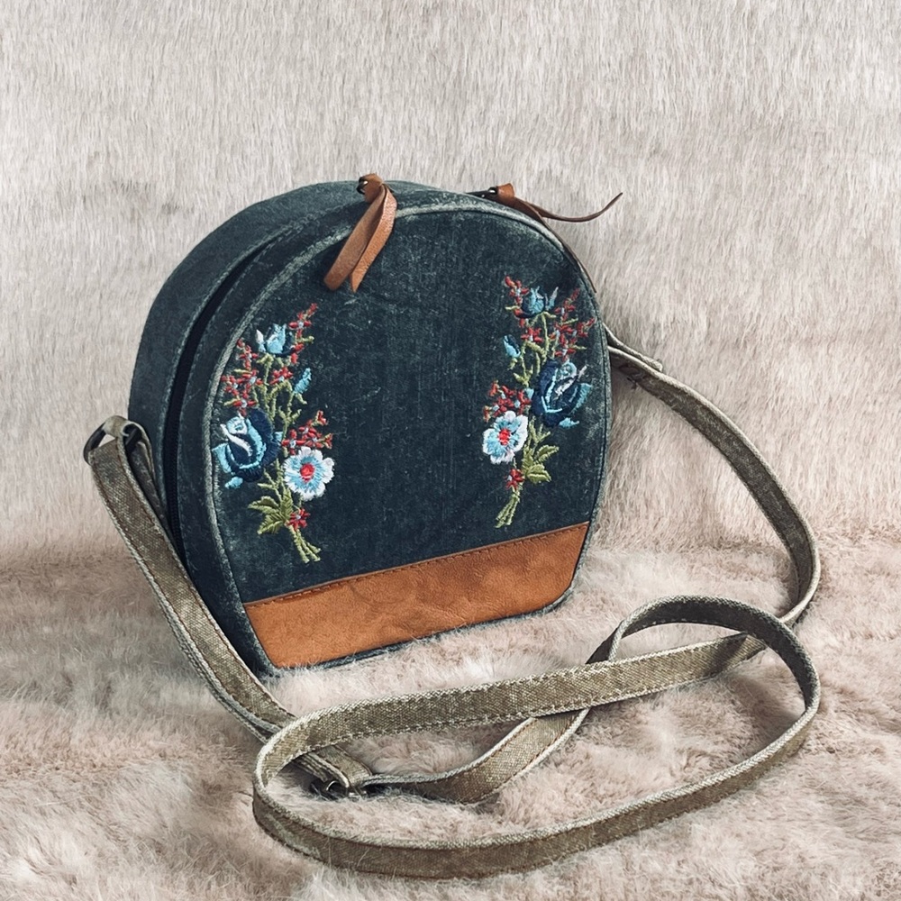 Vintage style Floral Embroidered Denim leather tan Crossbody Bag